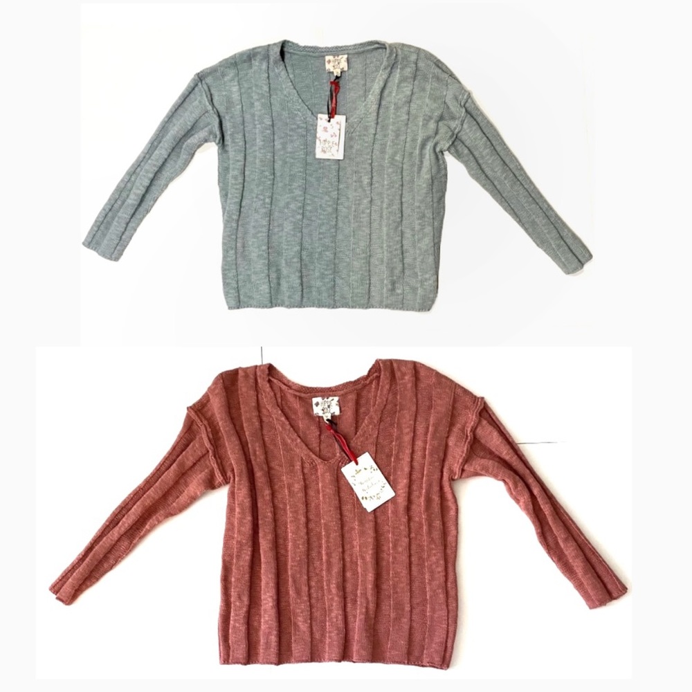 Hippie Rose V-neck Sunset Clay & Crystal Sage Ribbed Sweaters Bundle of two NWT